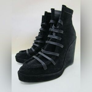 MONCLER Suzanne Women's Black Suede Wedge Ankle Booties Size: 8 (Runs small)